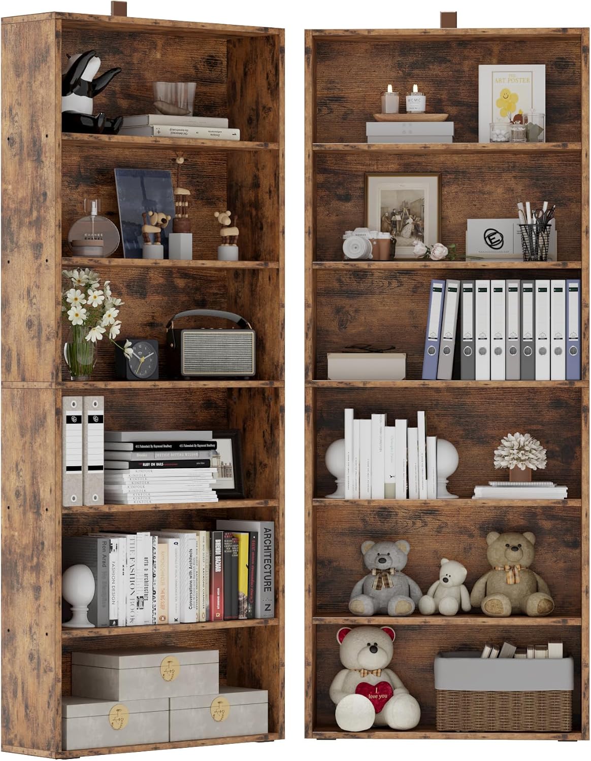 Home Office Industrial Style - 背の高い本棚 2個セット、オープン収納オーガナイザーシェルフ、リビングルーム、寝室、ホームオフィス用フロアスタンドディスプレイラック、頑丈な棚ユニット、ラスティックインダストリアルスタイル、ヴィンテージブラウン、2個セット