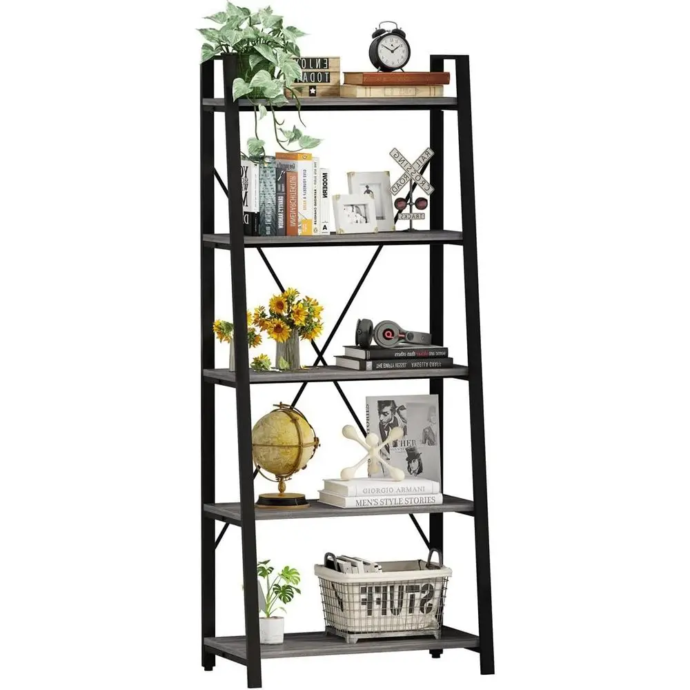 Home Office Industrial Style - 5段ラダーブックシェルフ、インダストリアルスタイル、木製と金属製、リビングルーム、寝室、キッチン、ホームオフィスに最適（グレーオーク）
