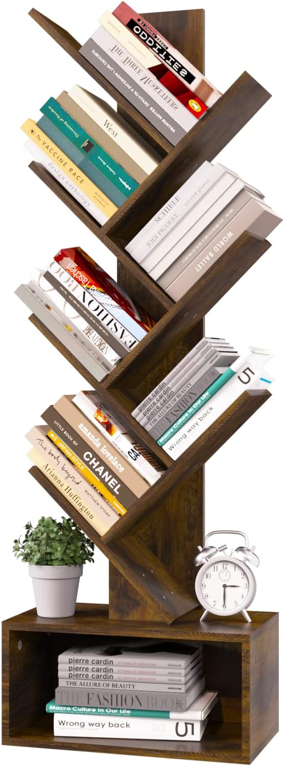 Bookcase Wood Shelf - Yoobure Tree Bookshelf - 6段レトロフロアスタンド型本棚、CD/映画/書籍用背の高い木製本収納ラック、寝室、リビングルーム、ホームオフィス用ユーティリティブックオーガナイザーシェルフ、ラスティックブラウン