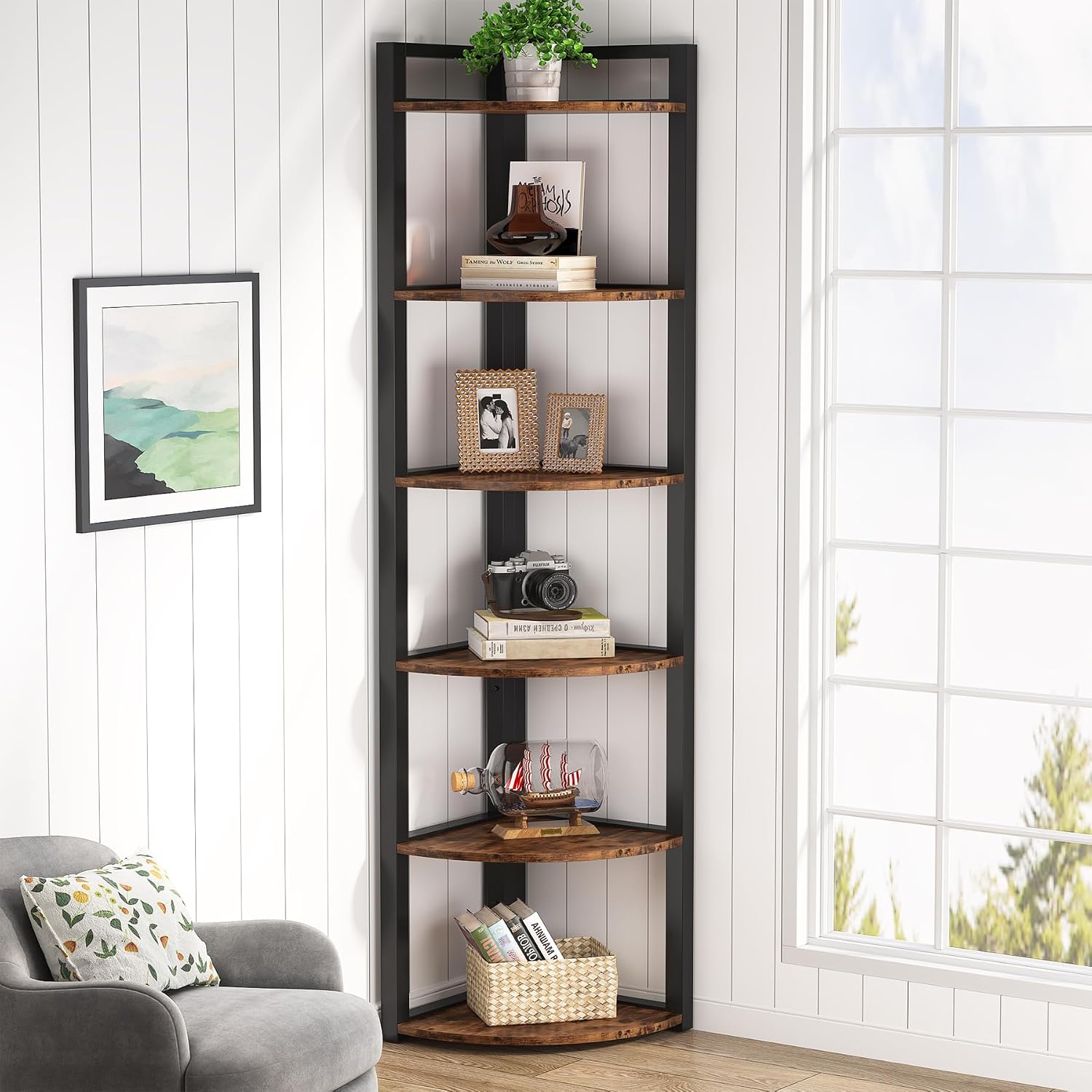 Bookcase Wood Shelf - Tribesigns 6段コーナーシェルフ、高さ70.9インチのコーナーブックシェルフ、小型本棚、ラスティックなコーナーシェルフユニット、リビングルーム、ホームオフィス、キッチン、狭いスペース用収納ラック