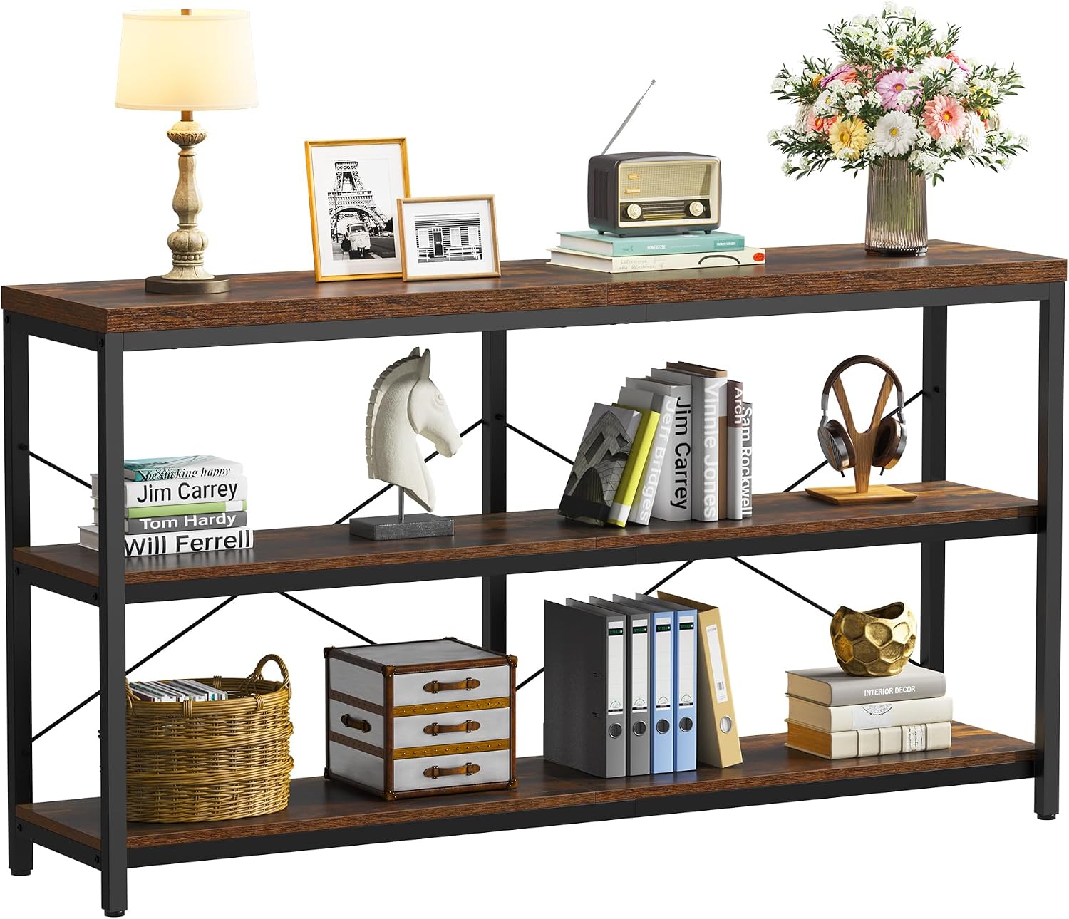 Bookcase Wood Shelf - 3段式工業用本棚、幅広木製水平本棚、金属フレーム付きオープン大型本棚、ディスプレイラック棚ユニット、リビングルーム、寝室、書斎用収納オーガナイザー、ブラウン
