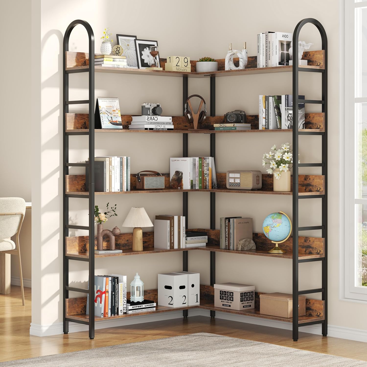 Home Office Industrial Style - 背の高いコーナー本棚、頑丈な工業用本棚、リビングルーム、ホームオフィス、寝室用、L字型エタジェールディスプレイシェルフ収納ラックオーガナイザー、ラスティックモダンスタイル、ラスティックブラウン、単品