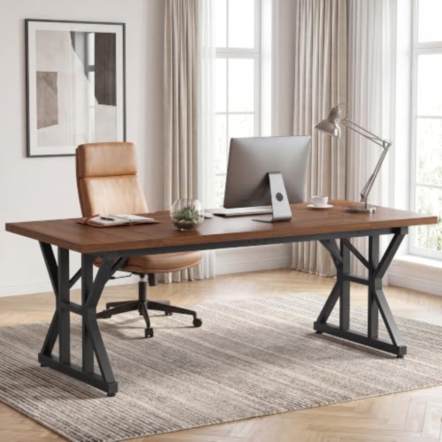 Home Office Industrial Style - 71インチのエグゼクティブデスク。家庭用オフィスに最適。マットブラックの無垢材天板、頑丈な金属製脚、モダンなインダストリアルスタイル。