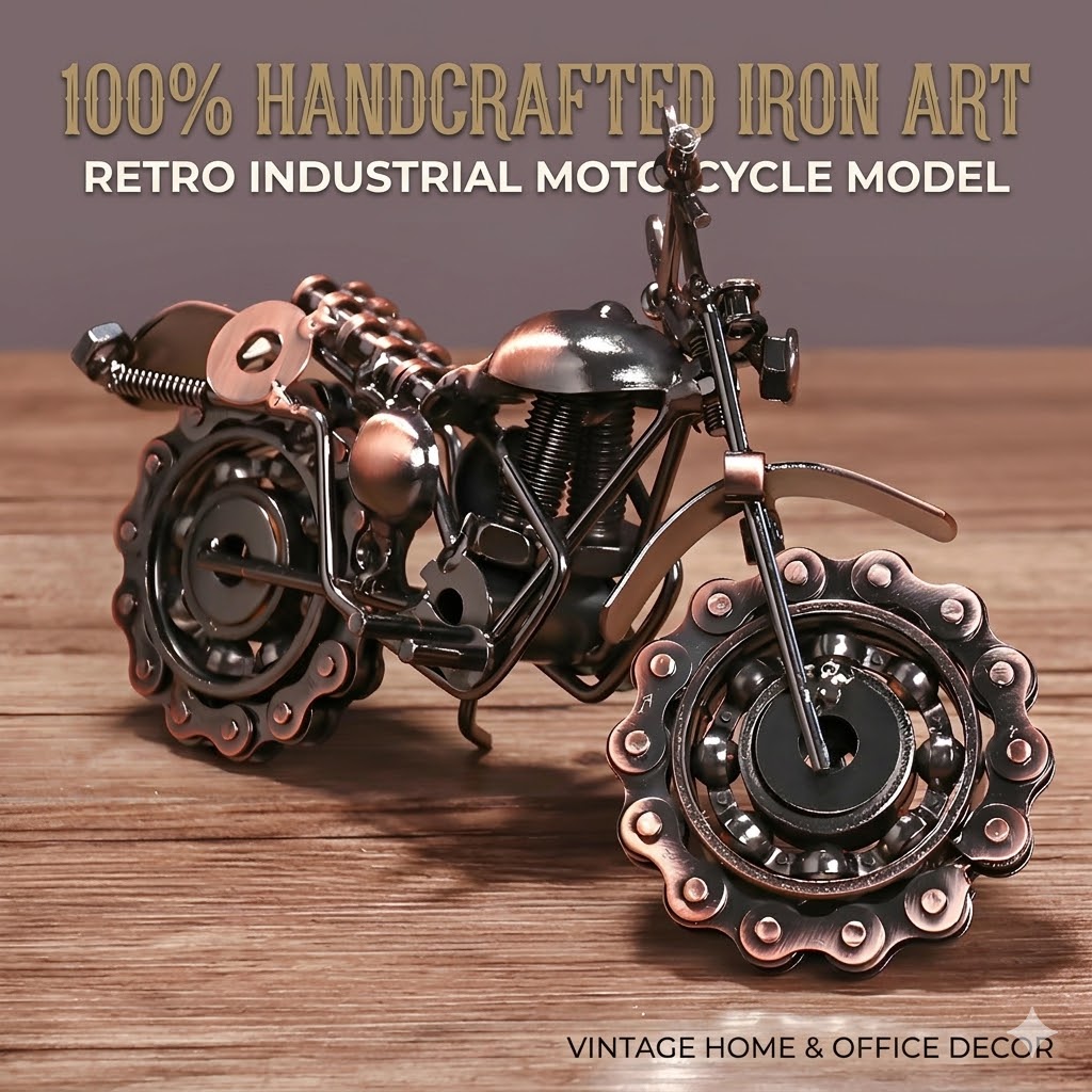 Home Office Industrial Style - 手作りの鉄製オートバイモデル、ヴィンテージメタルバイク彫刻、インダストリアルスタイル、自宅やオフィスのデスクデコレーション