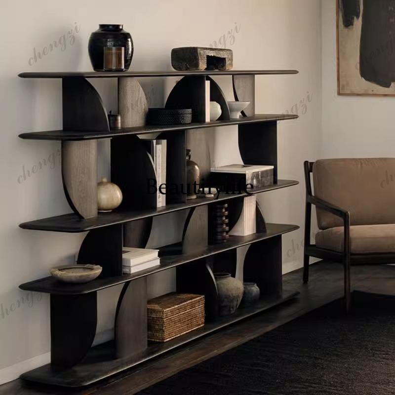 Bookcase Wood Shelf - 無垢材の本棚、黒の床から天井までの侘び寂び風ボグ棚、北欧風本棚、ディスプレイキャビネット、リビングルームの間仕切り。