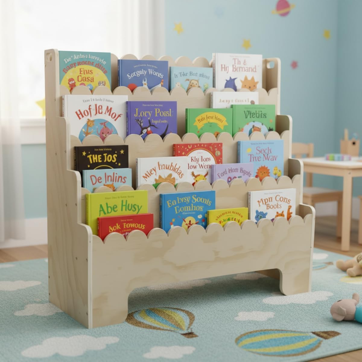 Bookcase Wood Shelf - 子供用4段本棚、天然木製子供用本棚、波型幼児用本棚、ベビーナーサリー用本棚、子供部屋やプレイルーム、ナーサリー向け前面展示型モンテッソーリ本棚