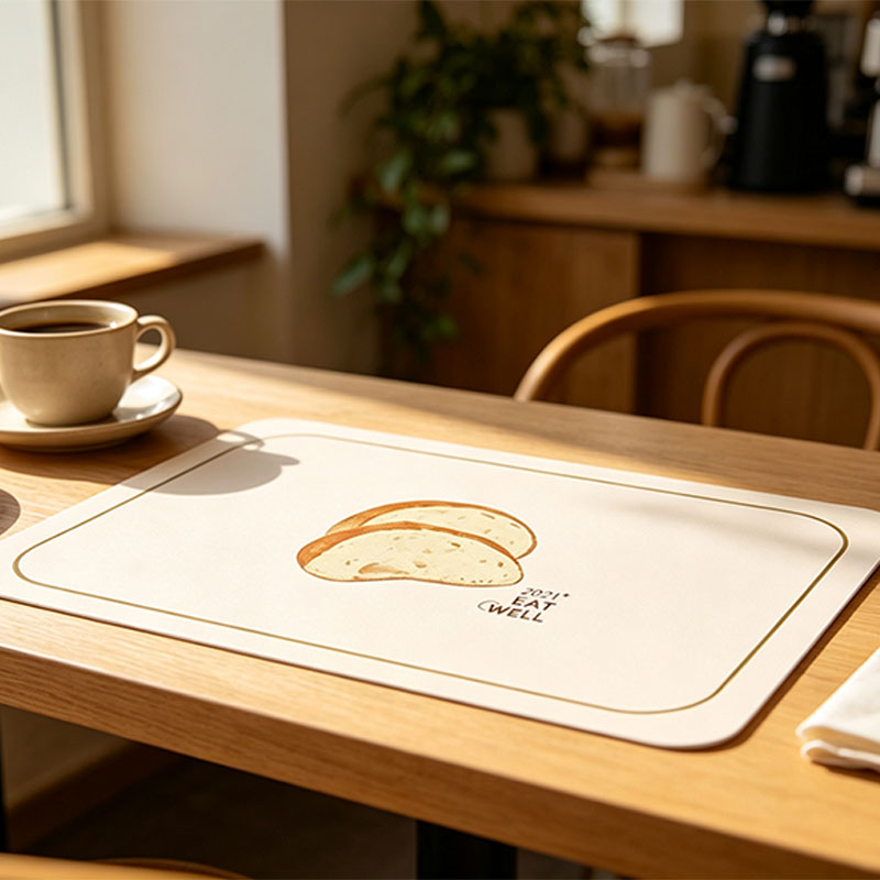 Desk Mat Leather - 2枚または4枚セットの、パンの絵柄がプリントされた、汚れに強く滑りにくい、長方形のレザー製ダイニングマット。ご家庭のキッチンカウンターやオフィスデスクに最適。