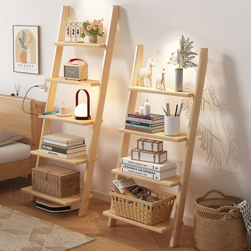 Bookcase Wood Shelf - ‌ 無垢材の壁棚、クリエイティブなはしご本棚、頑丈な床収納ラック、バルコニー書斎用のミニマリスト棚ユニット