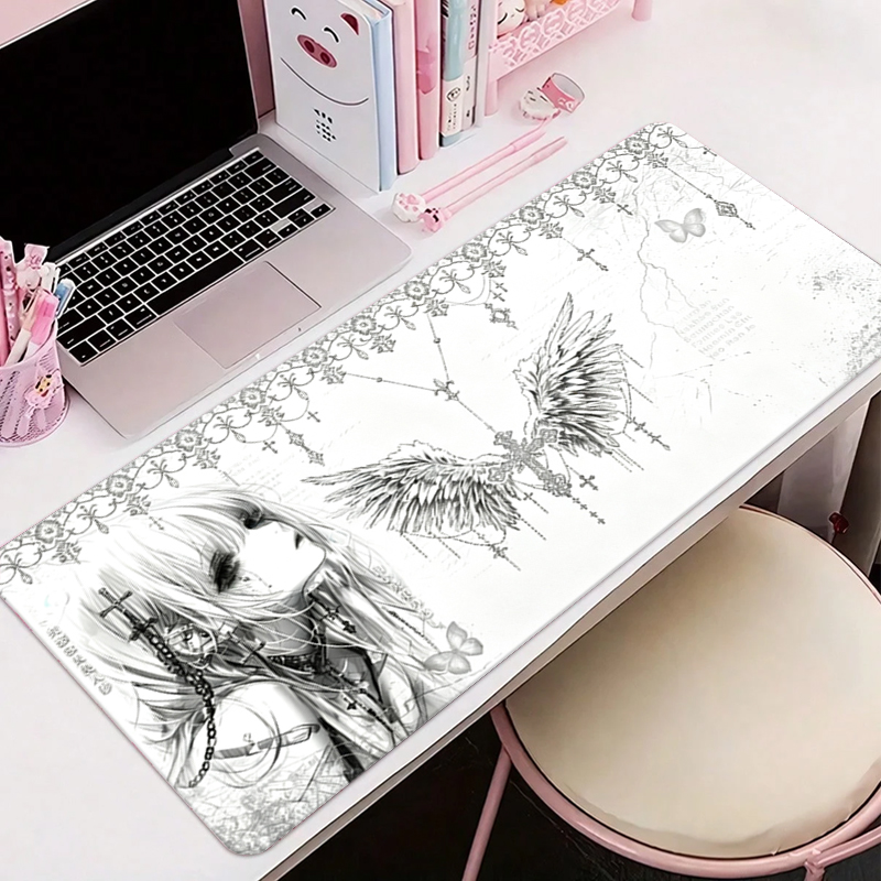 Desk Mat Leather - レザーマウスパッド黒白アニメ美学エンジェルガールマウスパッドオフィスアクセサリーPCゲームキーボードEスポーツHDデスクマット