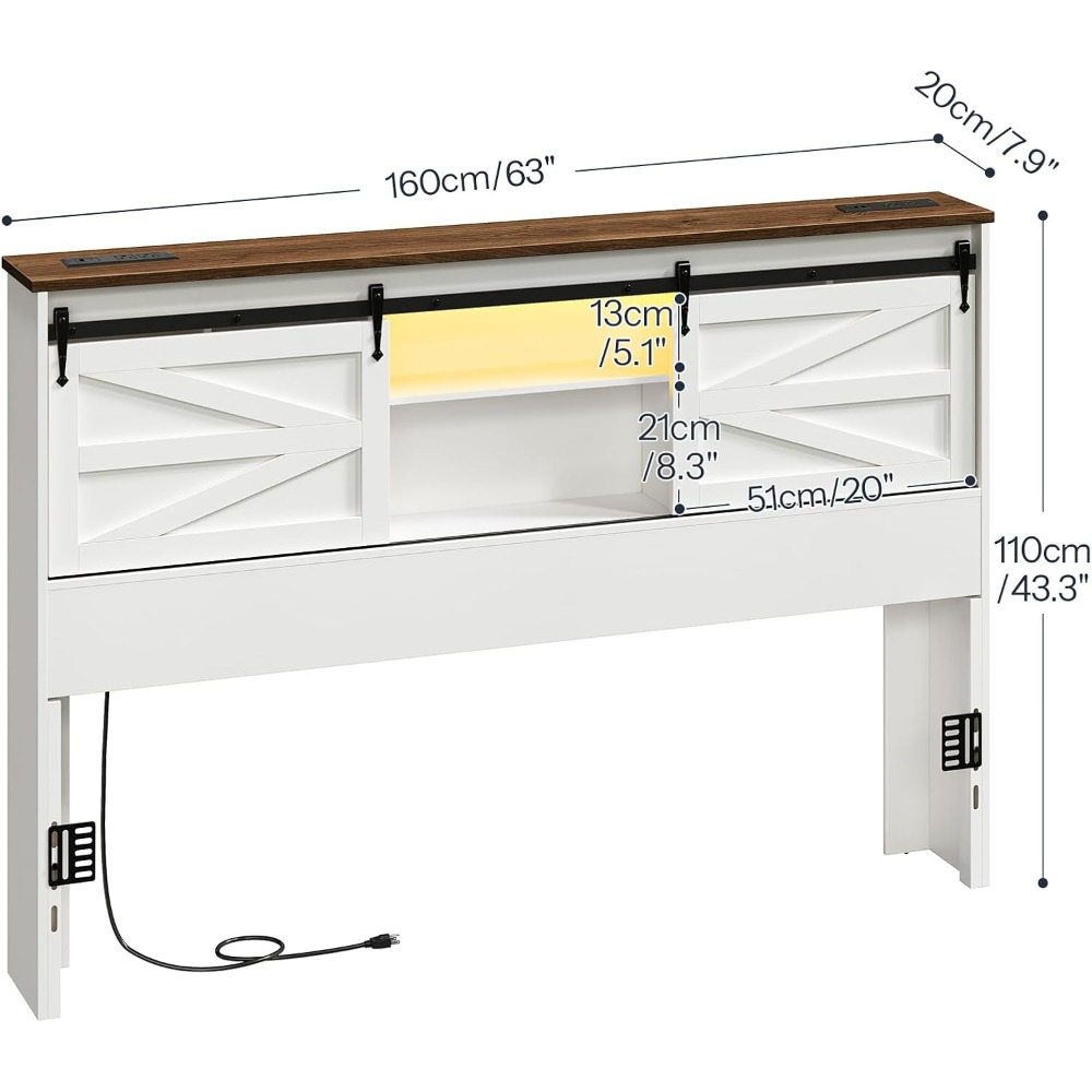 Bookcase Wood Shelf - 収納棚付きクイーンヘッドボード、ファームハウススタイル、充電ステーションとLEDライト、本棚デザイン
