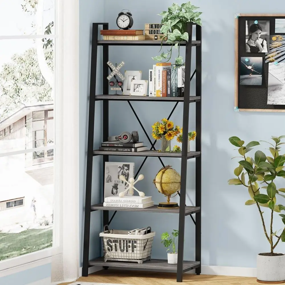 5段ラダーブックシェルフ、インダストリアルスタイル、木製と金 - Home Office Industrial Style のレビューと価格