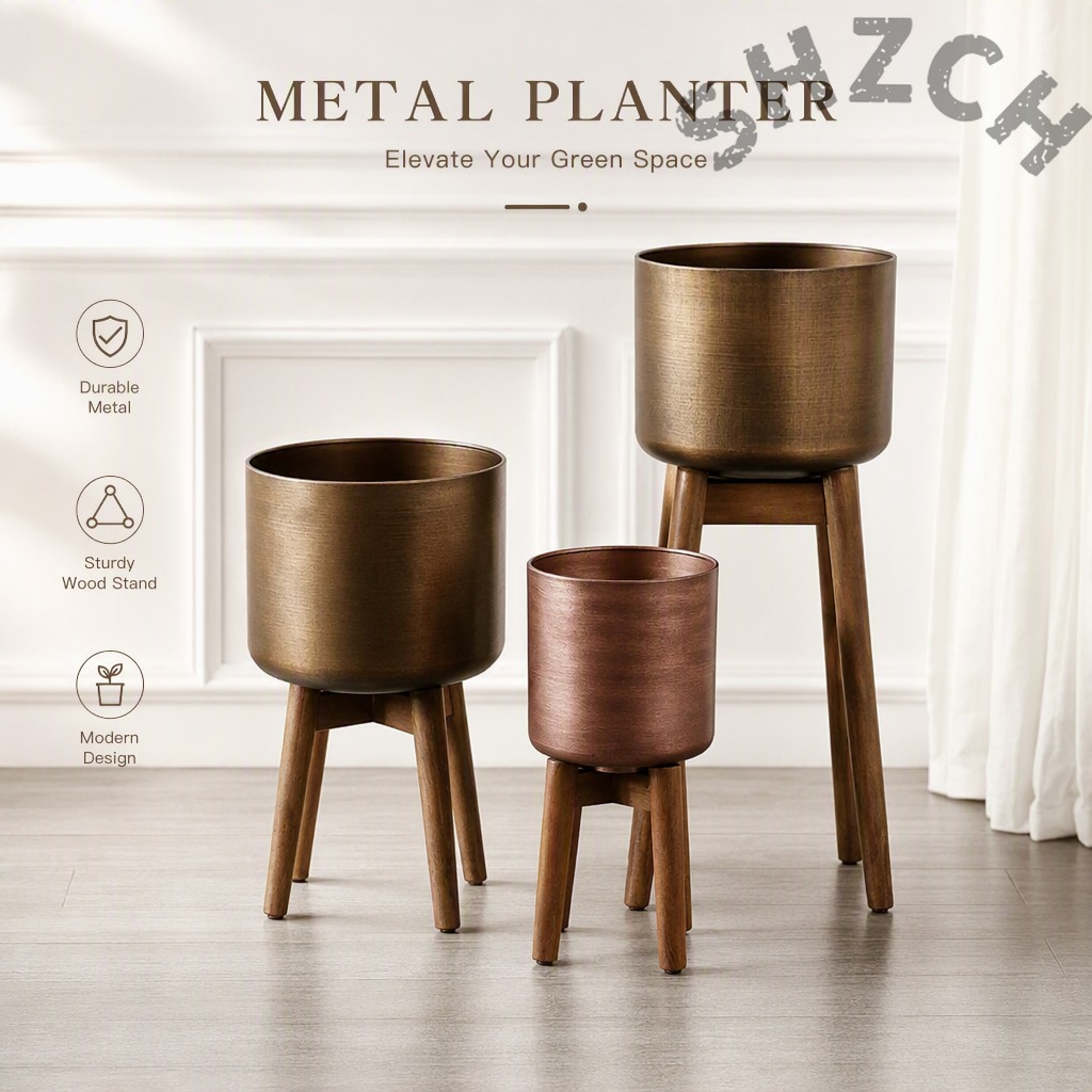 モダンな工業用木製植物スタンド、取り外し可能な鉄製バスケット - Home Office Industrial Style のレビューと価格