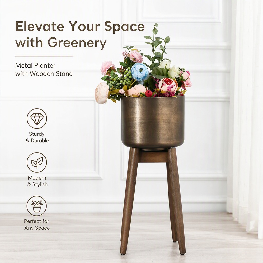モダンな工業用木製植物スタンド、取り外し可能な鉄製バスケット - Home Office Industrial Style のレビューと価格