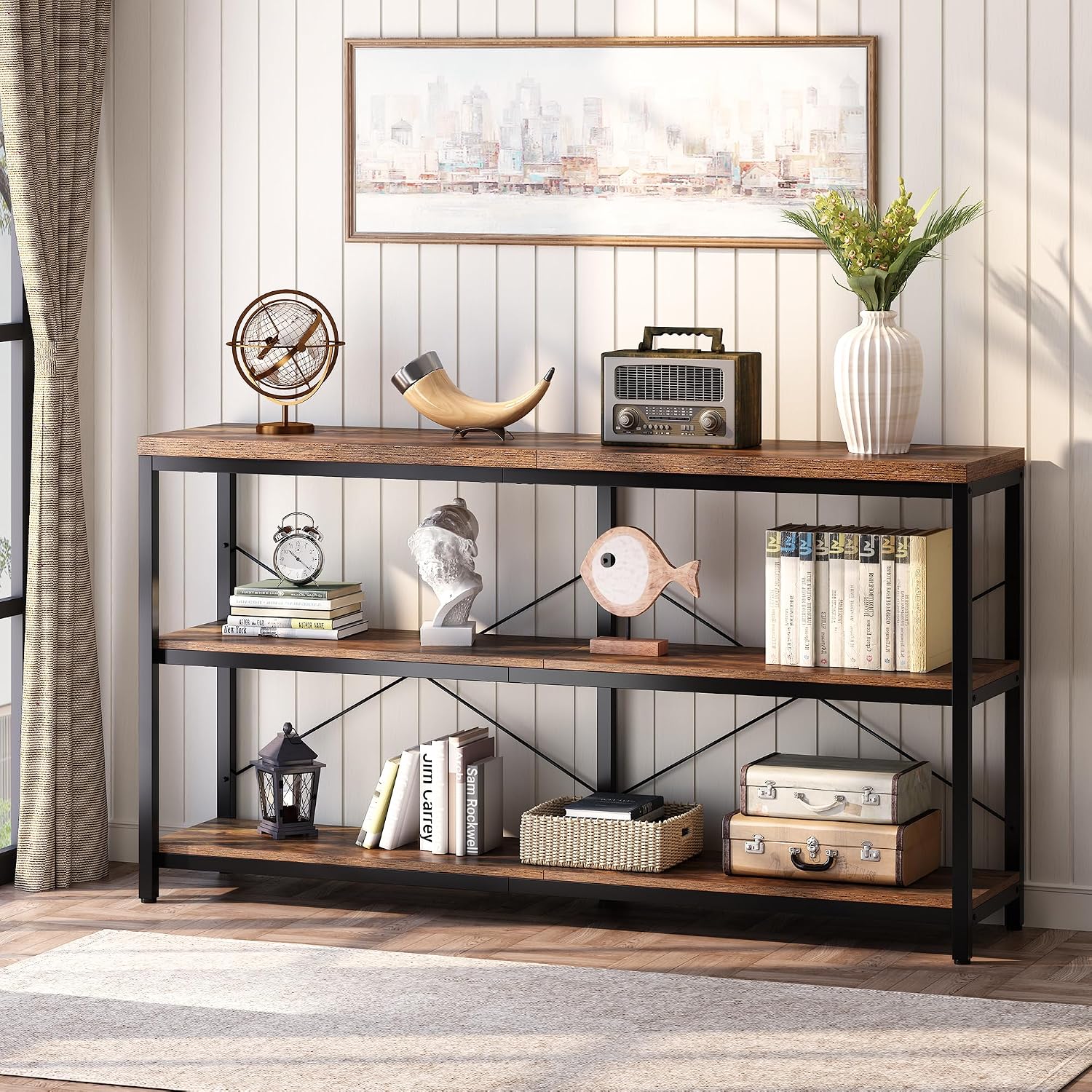 3段式工業用本棚、幅広木製水平本棚、金属フレーム付きオープン - Bookcase Wood Shelf のレビューと価格