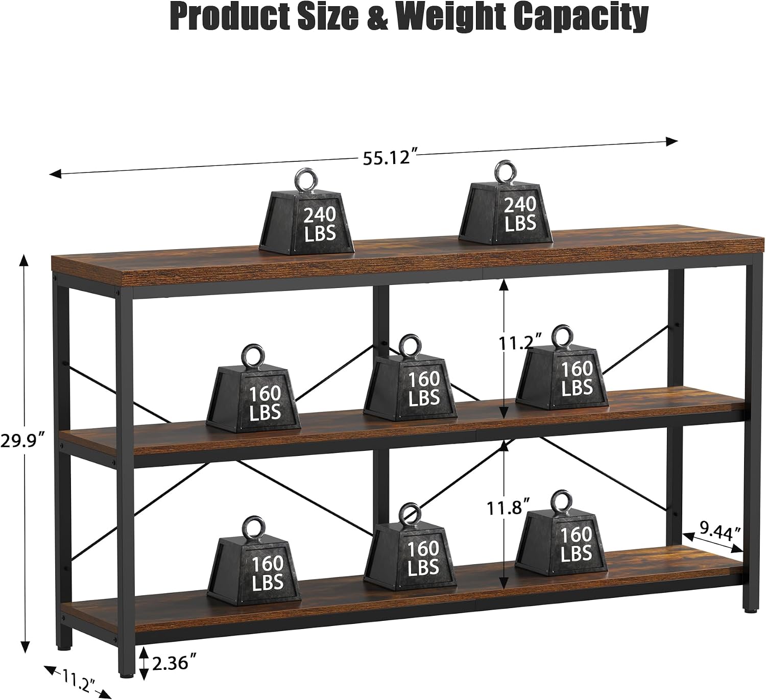 3段式工業用本棚、幅広木製水平本棚、金属フレーム付きオープン - Bookcase Wood Shelf のレビューと価格