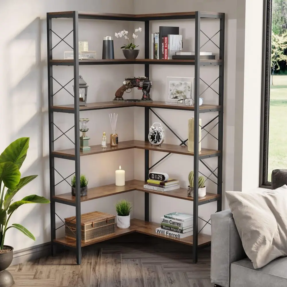 6段L字型大型本棚、インダストリアルスタイルの金属製棚、家庭 - Home Office Industrial Style のレビューと価格