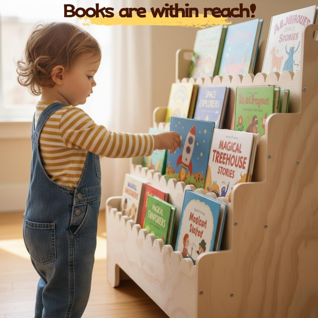子供用4段本棚、天然木製子供用本棚、波型幼児用本棚、ベビーナ - Bookcase Wood Shelf のレビューと価格