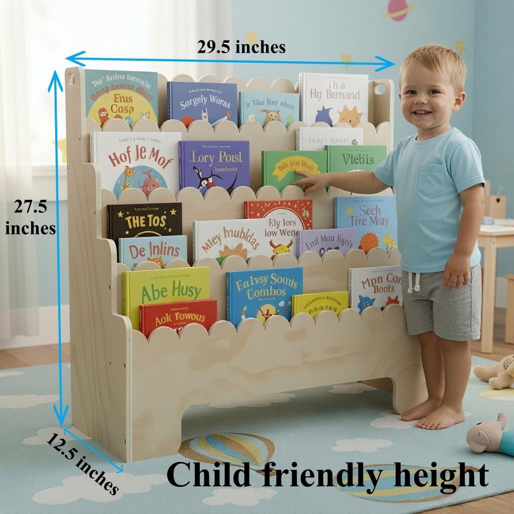 子供用4段本棚、天然木製子供用本棚、波型幼児用本棚、ベビーナ - Bookcase Wood Shelf のレビューと価格