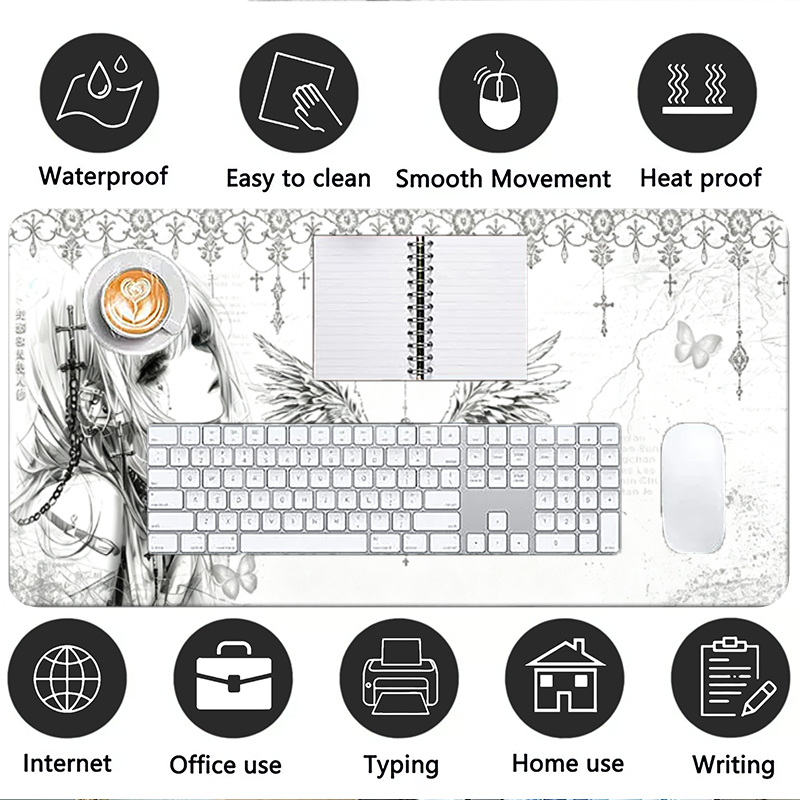 レザーマウスパッド黒白アニメ美学エンジェルガールマウスパッド - Desk Mat Leather のレビューと価格