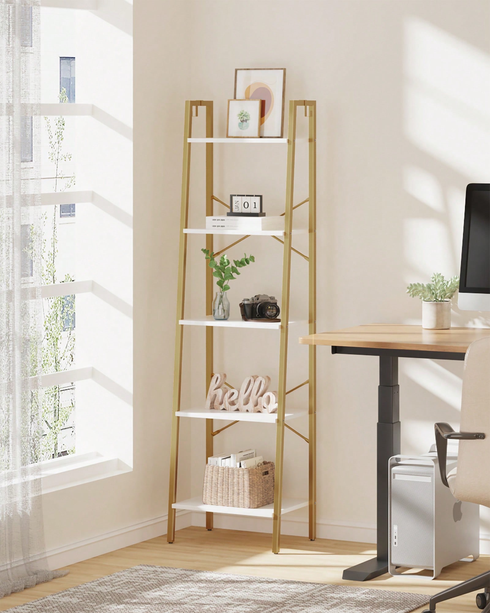 5段ラダーシェルフ モダン グラム ホワイトゴールド ブック - Bookcase Wood Shelf のレビューと価格