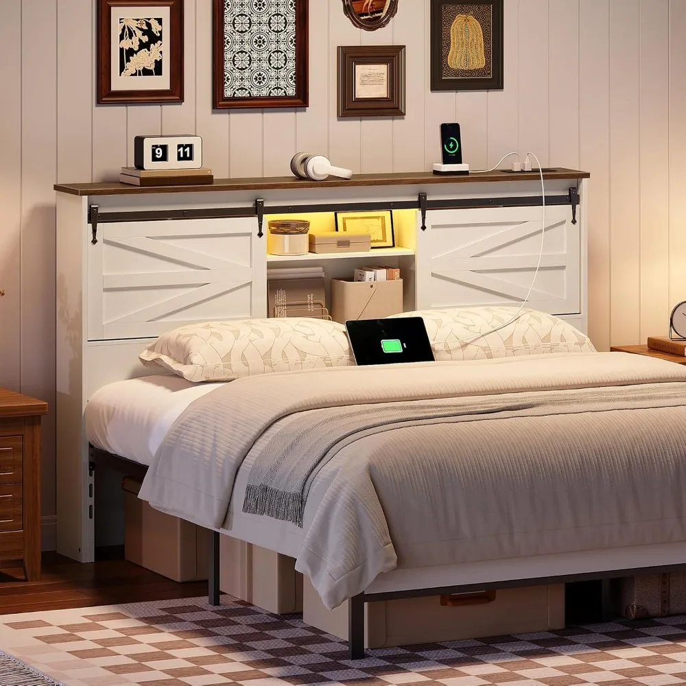 収納棚付きクイーンヘッドボード、ファームハウススタイル、充電 - Bookcase Wood Shelf のレビューと価格
