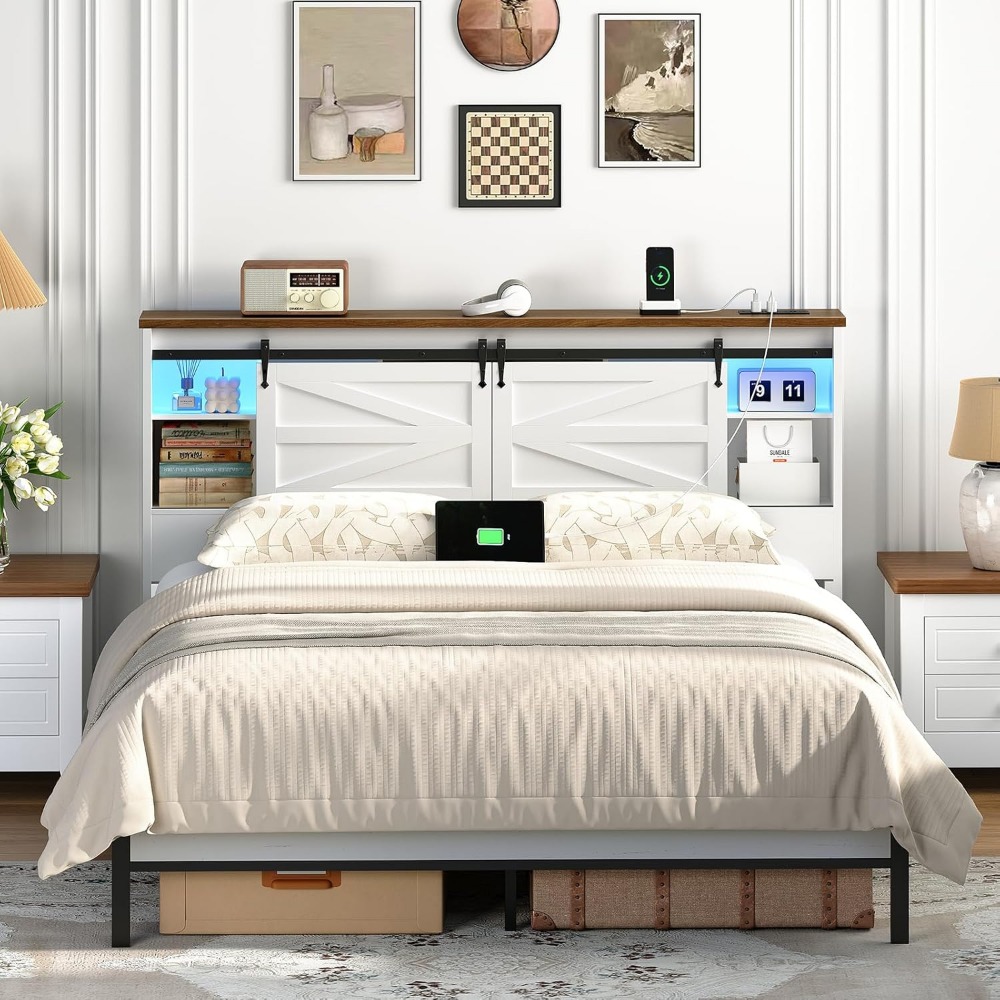 収納棚付きクイーンヘッドボード、ファームハウススタイル、充電 - Bookcase Wood Shelf のレビューと価格