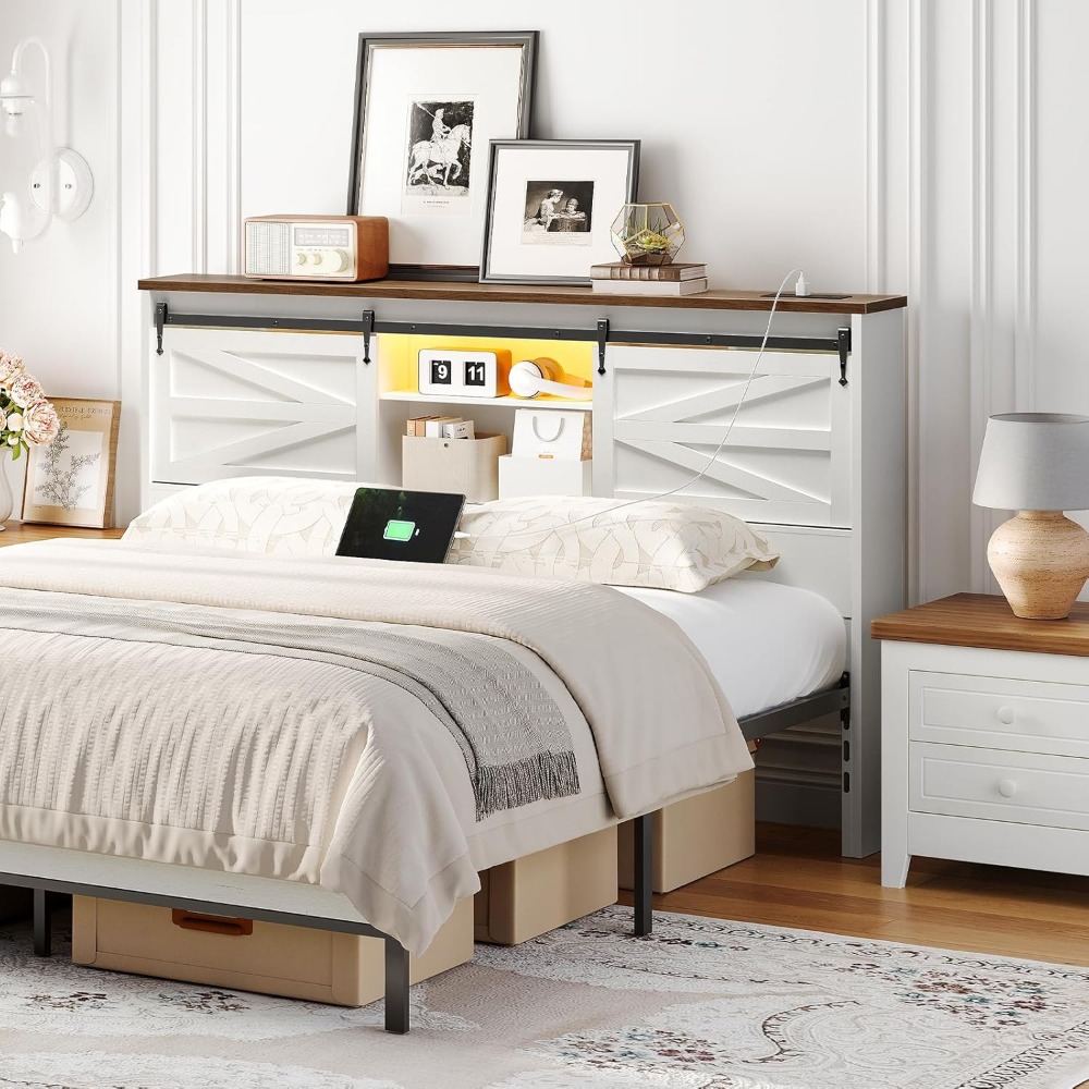 収納棚付きクイーンヘッドボード、ファームハウススタイル、充電 - Bookcase Wood Shelf のレビューと価格
